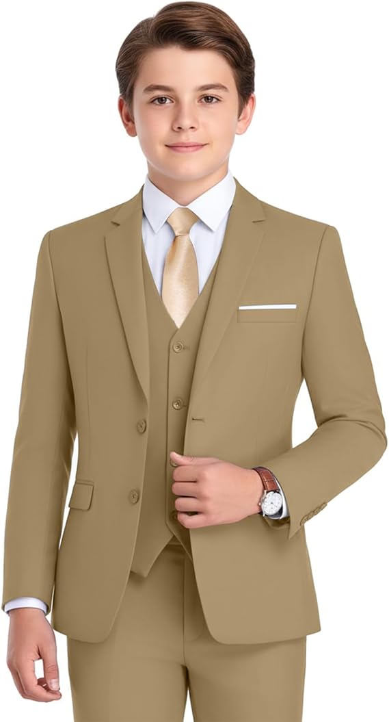 Boys Formal Suit 4 Piece Set Classic Fit Wedding Tuxedo with Jacket Vest Shirt Pants Tie for Kids