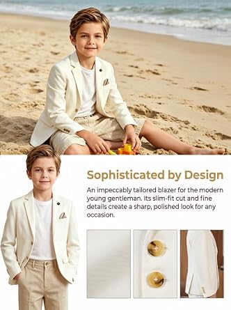 Boys Linen Blazer Casual Jacket Kids Slim Fit Sport Coats Wedding Tuxedo | Summer Beach Dress Clothes Lightweight Ring Bearer Outfits School Uniform