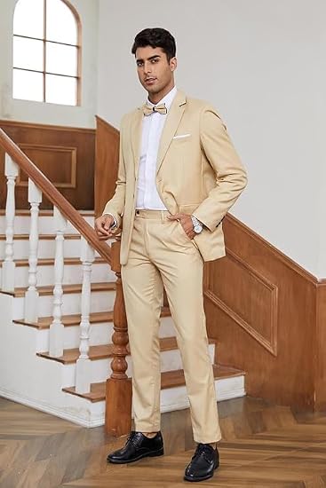 Mens Slim Fit 2 Piece Suit Two Button Notched Lapel Solid Suit Jacket Pants Set Business Wedding Prom Suits