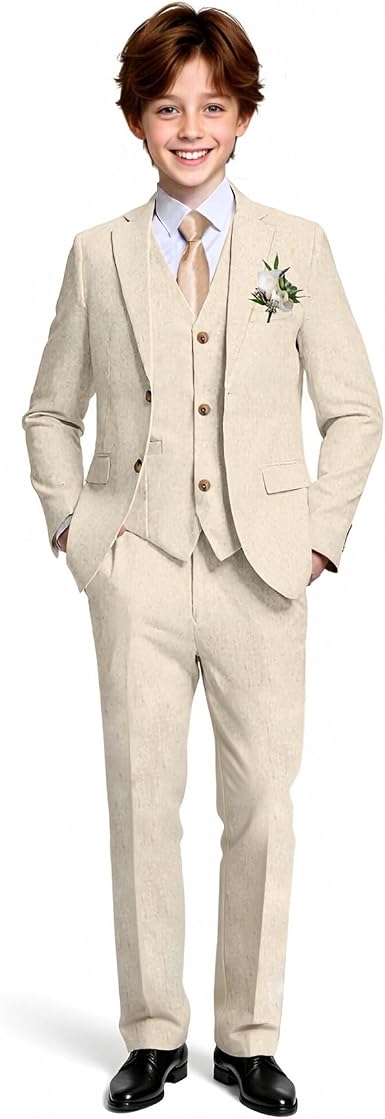 Boys Formal Suit 4 Piece Set Classic Fit Wedding Tuxedo with Jacket Vest Shirt Pants Tie for Kids