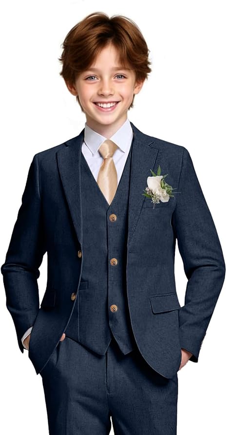 Boys Linen Suit Casual Summer 3 Piece Slim Fit Suit Breathable Kids Teen boy Jacket Vest Pant