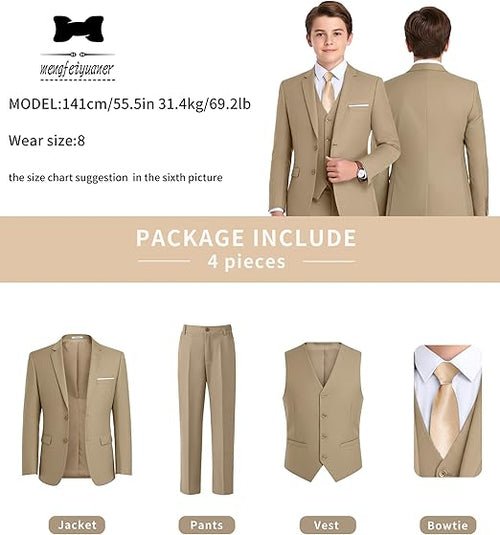 Boys Formal Suit 4 Piece Set Classic Fit Wedding Tuxedo with Jacket Vest Shirt Pants Tie for Kids
