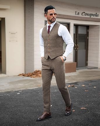 Wemaliyzd Vintage Men's Suit 3 Piece Plaid Tweed Herringbone Suits for Wedding Business Blazer Vest Pants