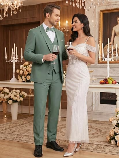 WEEN CHARM Men's 3-Piece Slim Fit Suit Set-2-Button Blazer,Vest & Pants-Formal Wedding,Prom,Party & Business Tuxedo
