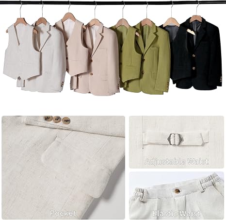 Boys Linen Suit Casual Summer 3 Piece Slim Fit Suit Breathable Kids Teen boy Jacket Vest Pant